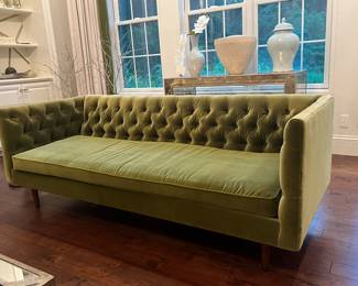 Pair of tufted Hollywood style sofas 78 inches long 32 inches deep 28 inches high