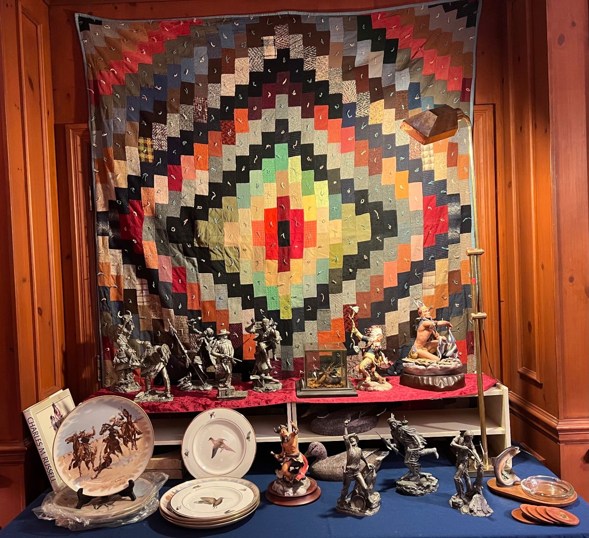 FABULOUS COLLECTION OF JIM PONTER PEWTER SCULPTURES, CYBIS FIGURES, OTHER AMERICAN INDIAN FIGURES, COLLECTOR PLATES AND CRAZY QUILT