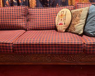 WONDERFUL LARGE ROMWEBER SOFA WITH RED LEATHER ACCENTS AND HAND CARVED DETAILS