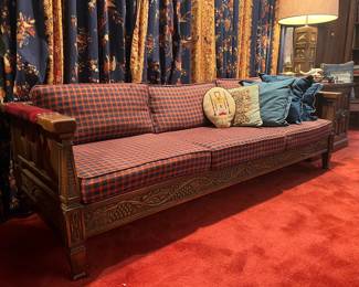 WONDERFUL LARGE ROMWEBER SOFA WITH RED LEATHER ACCENTS AND HAND CARVED DETAILS