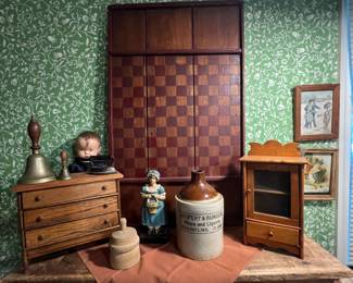WONDERFUL ANTIQUE GAME BOARD, ANTIQUE DOLL FURNITURE, ADVERTISING WHISKEY JUG, CAST IRON DOOR STOP AND OTHER COLLECTIBLES