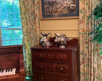 ANTIQUE VICTORIAN WALNUT WASH STAND, SILVER PLATE SERVING PIECES, BEAUTIFUL WATERCOLOR BY JAMES GODWIN SCOTT