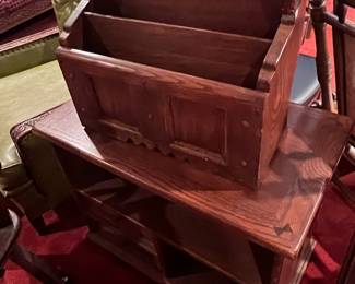 ROMWEBER MAGAZINE RACK AND ROMWEBER OCCASIONAL TABLE AND BUTTERFLIED JOINTS AND INLAID HORSESHOES WHICH ARE UNDER THE MAGAZINE RACK.