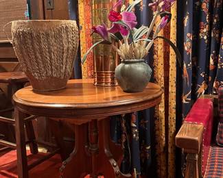 ANTIQUE WALNUT PARLOR TABLE AND POLISHED COPPER FIRE EXTINGUISER/CONVERTED TO LAMP