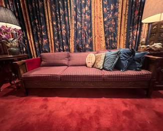 WONDERFUL LARGE ROMWEBER SOFA WITH RED LEATHER ACCENTS AND HAND CARVED DETAILS