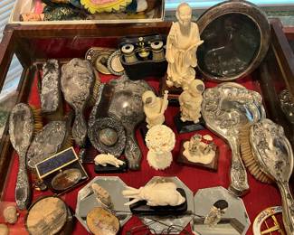 CASE FULL OF EARLY DRESSER SETS, FIGURINES, SNUFF BOXES, ETC