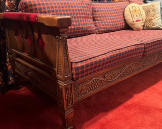 WONDERFUL LARGE ROMWEBER SOFA WITH RED LEATHER ACCENTS AND HAND CARVED DETAILS
