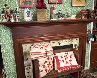 ANTIQUE APPLIQUE QUILTS, CHURCH BENCH, WHIRLY GIG AND OTHER ASSORTED COLLECTIBLES