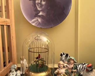 LOVELY ANTIQUE BIRD CAGE MUSIC BOX, FINE CHINA FIGURINES, LARGE HAND PAINTED CHARGER 