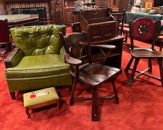 PLETHORA OF ROMWEBER CHAIRS INCLUDING GREEN CLUB CHAIR, PUB CHAIR, VIKING OAK LEATHER BACK CHAIR