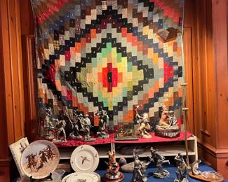 FABULOUS COLLECTION OF JIM PONTER PEWTER SCULPTURES, CYBIS FIGURES, OTHER AMERICAN INDIAN FIGURES, COLLECTOR PLATES AND CRAZY QUILT