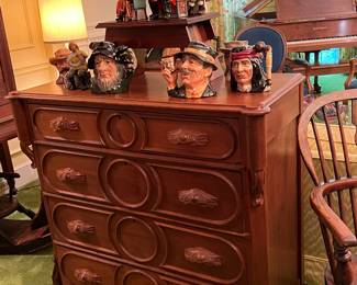 COLLECTION OF ROYAL DOULTON FIGURES AND TOBY MUGS AND A LOVELY VICTORIAN 4 DRAWER WALNUT CHEST