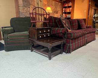LOWER LEVEL FAMILY ROOM...ONE OF A PAIR OF GREEN CORDURORY ARMCHAIRS WITH COORDINATING COUCH