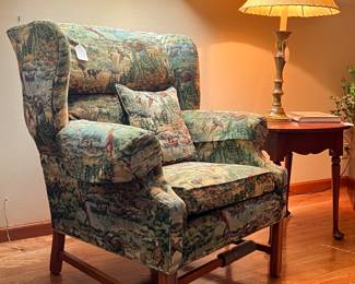 ETHAN ALLEN WING CHAIR WITH HUNT FISHING MOTIF FABRIC