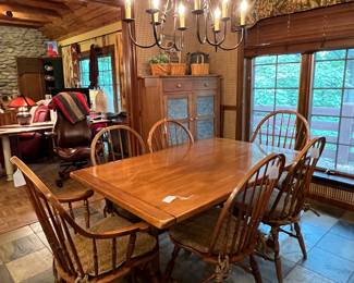 Ethan Allen Breakfast Set...Trestle Table (2 leaves not installed) w/ 6 Chairs and Pie Safe