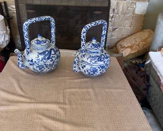 Blue and White Chinoiserie Tea Kettles- Mid Century- Excellent Condition