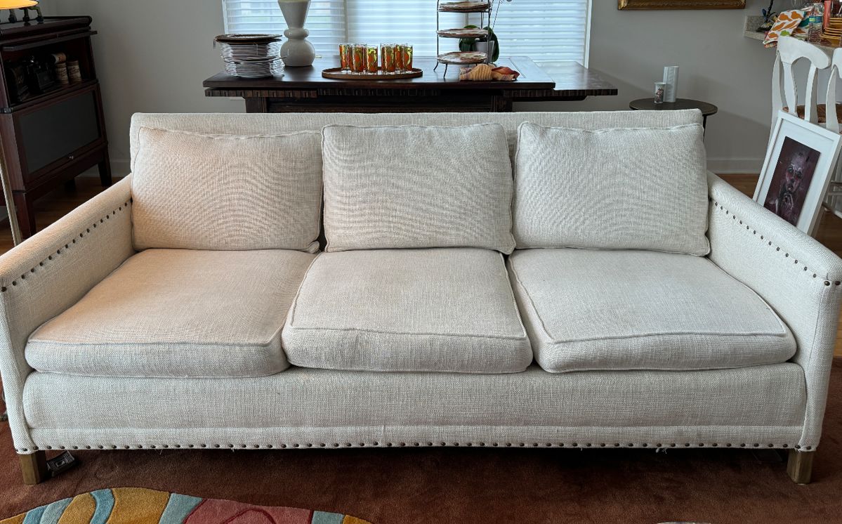 Crate & Barrel Three-Seat Sofa With Nailhead Trim. Measures 80" W x 34" D. Photo 1 of 3. 