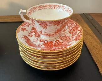 ROYAL CROWN DERBY "Red Aves" English Bone China. Set Includes: Teapot, Cream & Sugar, Set of 9 Tea Cups Set of 8 Saucers, Set of 9 Luncheon / Salad Plates
Serving Tray & Bowl. Photo 2 of 5.