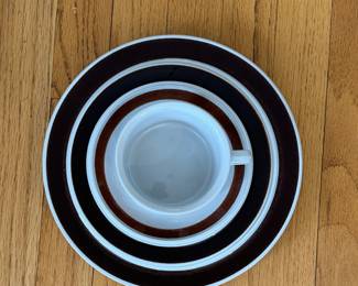 Arabia of Finland "Rosmarin" China. Set Includes
Casserole with Lid, Coffee Pot, Tea Pot, Cream & Sugar
Set of 12 Mugs & Set of 12 Saucers, Serving Bowl
Set of 12 Bread & Butters, Set of 12 Dinner and
Small Bowl. Photo 2 of 2.