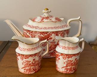 ROYAL CROWN DERBY "Red Aves" English Bone China. Set Includes: Teapot, Cream & Sugar, Set of 9 Tea Cups Set of 8 Saucers, Set of 9 Luncheon / Salad Plates
Serving Tray & Bowl. Photo 1 of 5.