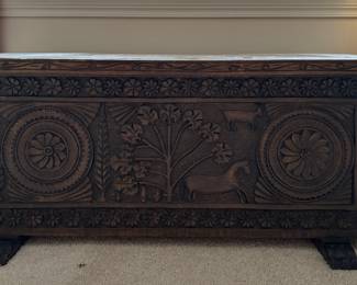 Hand-Carved Wood Blanket Chest. Measures 39.5" W x 16.5" D x 16" H. Photo 1 of 4.