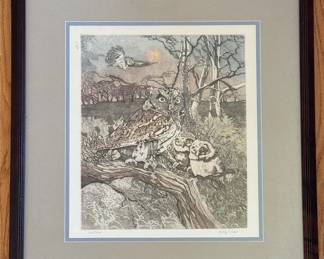 Polly Chase, "Owls," Woodcut #82/300. Signed & Numbered. Measures 13" x 15.5" Not Including Frame; 21" x 24" Including Frame. Photo 1 of 4.