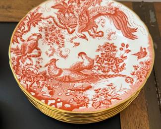 ROYAL CROWN DERBY "Red Aves" English Bone China. Set Includes: Teapot, Cream & Sugar, Set of 9 Tea Cups Set of 8 Saucers, Set of 9 Luncheon / Salad Plates
Serving Tray & Bowl. Photo 4 of 5.