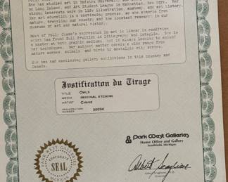 Polly Chase, "Owls," Woodcut #83/300. Signed & Numbered. Measures 13" x 15.5" Not Including Frame; 21" x 24" Including Frame. Photo 4 of 4.