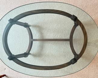 Vintage Oval Wood & Glass Top Cocktail Table On Casters. Measures 46.5" x 30" x 17" H. Photo 2 of 3.