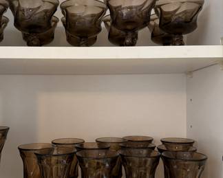 Vintage Fostoria Glass Jamestown Brown. Pieces Include: Set of 12 Juice Glasses, Set of 12 Sorbet & Set of 12 Salad Plates. Photo 2 of 2.