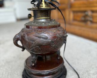 Antique Asian Bronze Table Lamp with Elephant Motif. Photo 2 of 2.