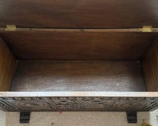Hand-Carved Wood Blanket Chest. Measures 39.5" W x 16.5" D x 16" H. Photo 3 of 4.