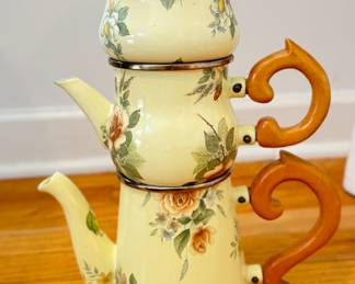 MacKenzie Childs Stacked Camp Yellow Roses Enamel Teapot Cream & Sugar 1995. Photo 1 of 2.