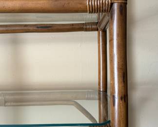 Pair of Vintage McGuire Style Faux Bamboo & Rattan Etegeres with Glass Shelves. Photo 2 of 3.