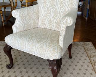 Vintage Chippendale Style Wing Back Chair In Neutral Upholstery. Photo 2 of 4.