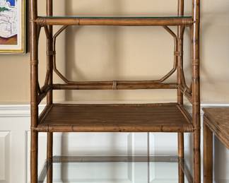 Pair of Vintage McGuire-Style Faux Bamboo & Rattan Etegeres with Glass Shelves. Photo 1 of 3.