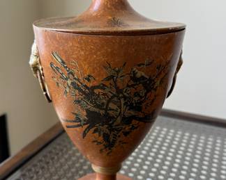 Pair of Vintage Regency Style Tole Chestnut Urns. Made In Italy. Photo 1 of 3.