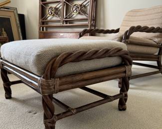 Mid-Century McQuire Rawhide and Rattan Barley Twist Chair with Matching Ottoman in Original Upholstery. Circa 1960. Photo 4 of 6.