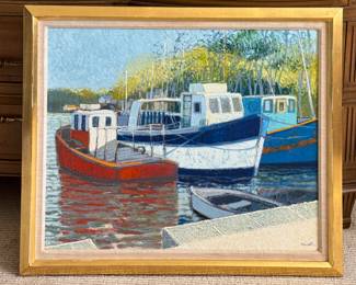 "Bateau A. Quay," Oil on Canvas Signed by Artist Dominique Dorie. Measures 25.75" x 21 7/16". Photo 1 of 3.