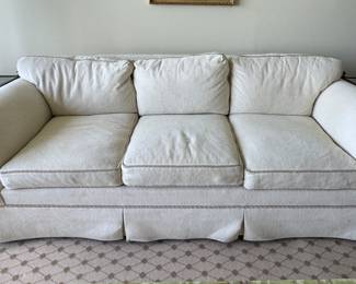 Vintage Beacon Hill Showroom Three Seat Down-Filled Sofa Upholstered in Neutral Fabric With Contrasting Welting. Photo 1 of 4.