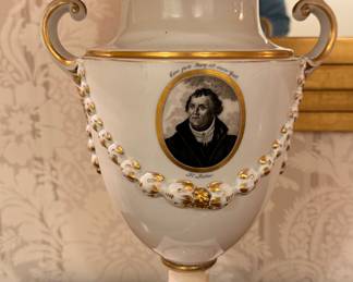 Vintage Porcelain Dr. Martin Luther Portrait Vase Turned Lamp (1483-1546)" With "Ein Feste Burg Ist Unser Gott" (A Mighty Fortress Is Our God) Inscription. Photo 2 of 2.