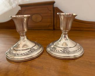 Damask Rose Heirloom Sterling Silver Short Candleholders. Photo 1 of 2.