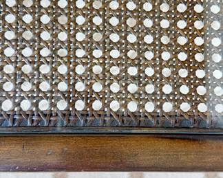Pair of Vintage Cane & Wood Side Tables with Two Glass Topped Shelves. Photo 4 of 4.