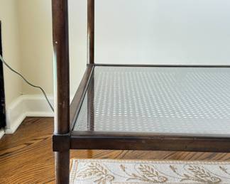 Pair of Vintage Cane & Wood Side Tables with Two Glass Topped Shelves. Photo 3 of 4.