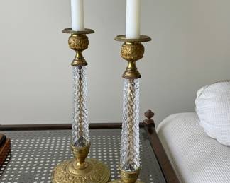 Pair of Brass & Crystal Candle Holders.