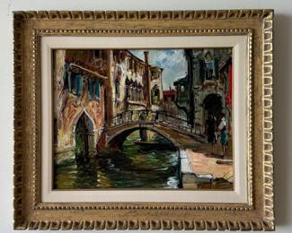 Venice Canal Bridge. Oil on Canvas. Signed By Artist. Measures 19" x 15".