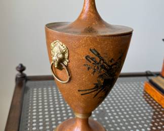 Pair of Vintage Regency Style Tole Chestnut Urns. Made In Italy. Photo 2 of 3.