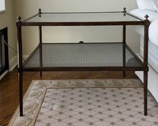 Pair of Vintage Cane & Wood Side Tables with Two Glass Topped Shelves. Photo 1 of 4.