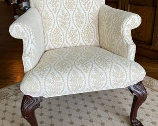 Vintage Chippendale Style Wing Back Chair In Neutral Upholstery. Photo 1 of 4.