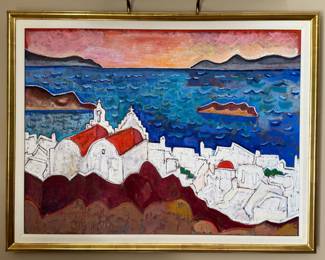 "Two Chapels & Panoramic View of White Village (Mykonos), Luis Oroz #9/200. Oil On Canvas. Measures 30" x 40". Photo 1 of 3.